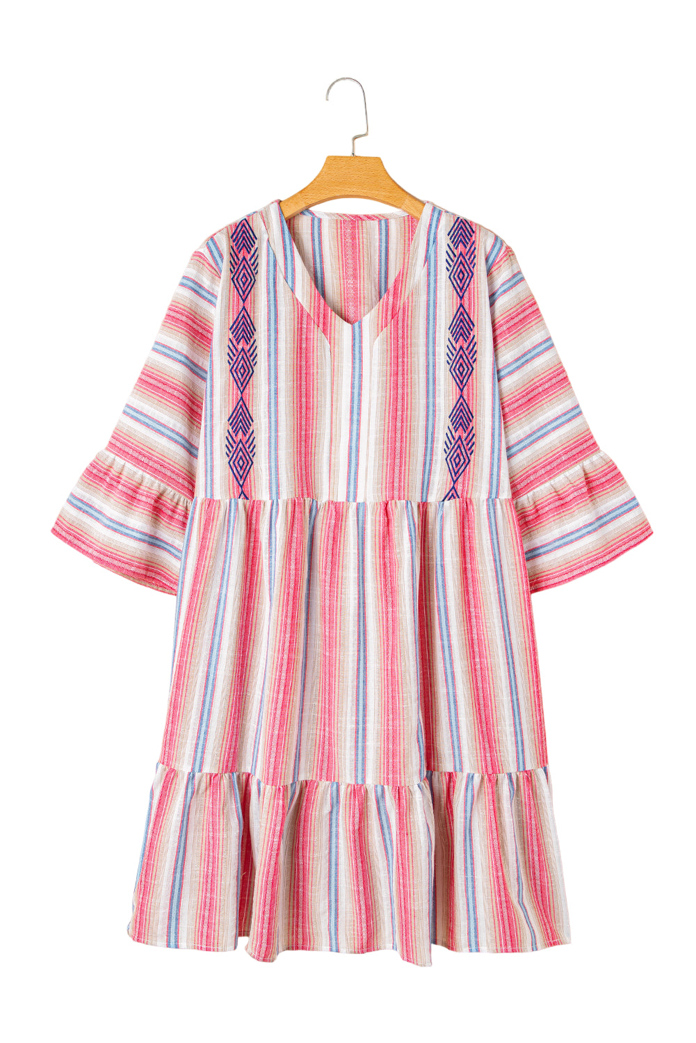 White Stripe Plus Size Embroidered Detail Flared 3/4 Sleeve V Neck Dress