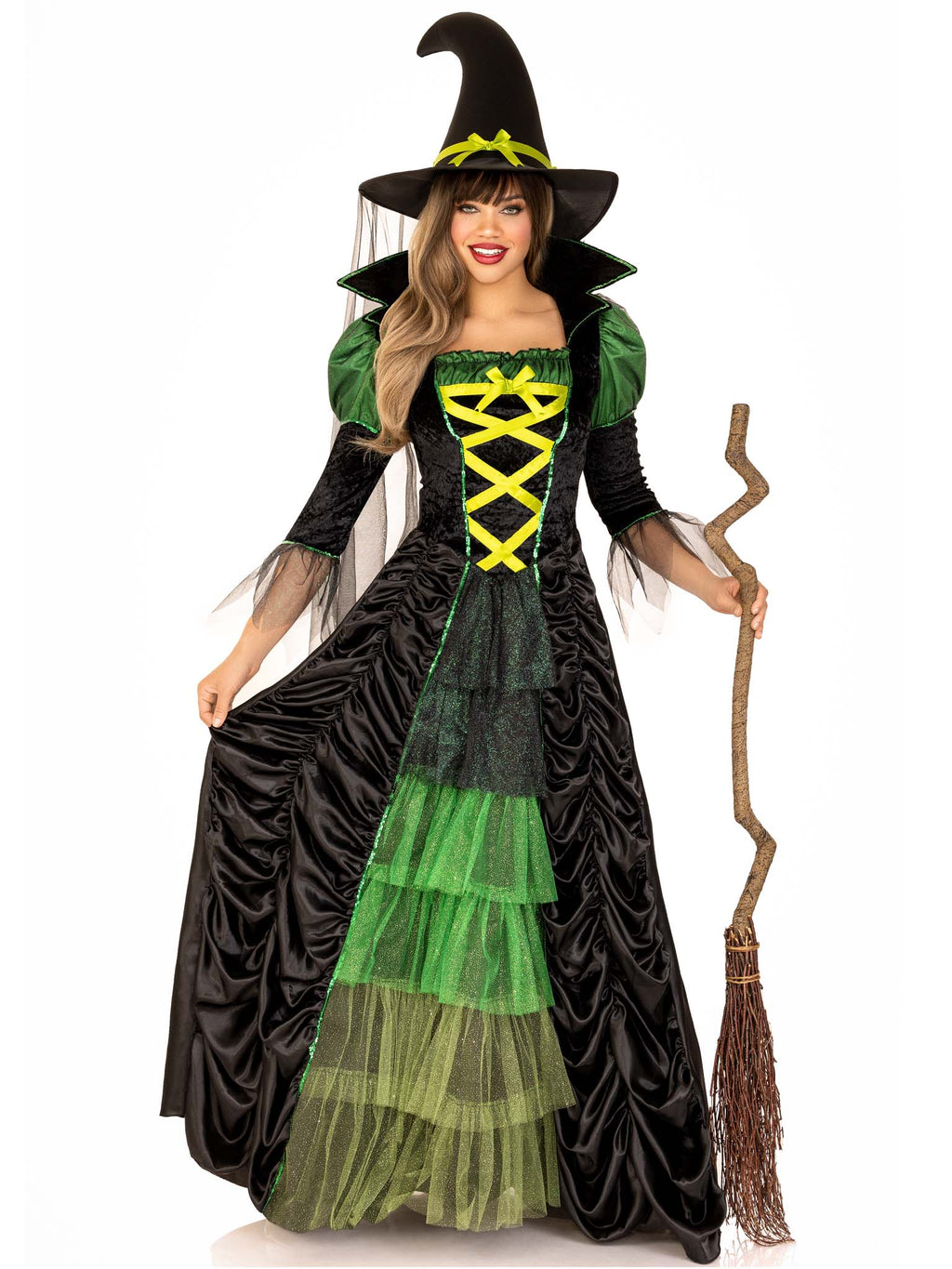 3 PC.Storybook Witch,dress with tiered glitter tulle,hat w/veil and long petticoat MED/LGE BLACK/GREEN