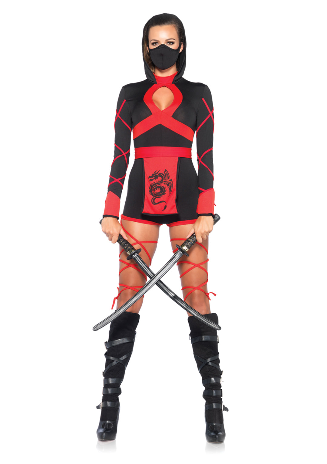 3PC.Dragon Ninja,hooded romper,waist sash,and face mask SMALL BLACK/RED