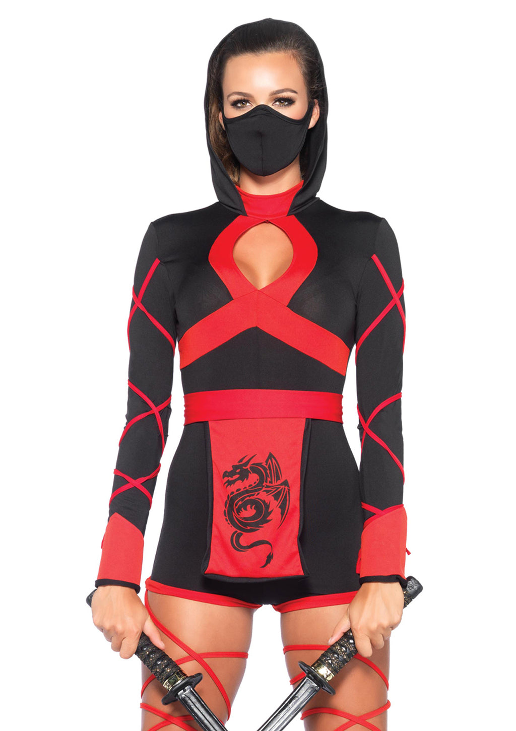 Leg Avenue 3PC.Dragon Ninja hooded romper Black/Red Color