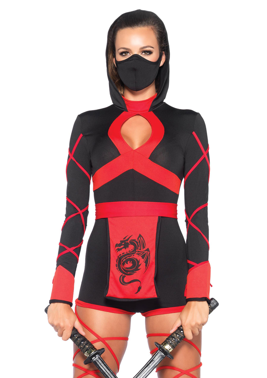 Leg Avenue 3PC.Dragon Ninja hooded romper Black/Red Color