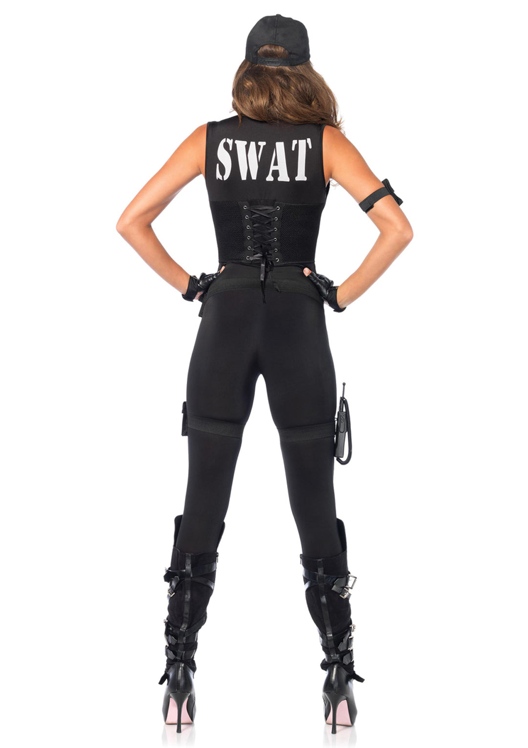 7PC.Deluxe SWAT Commander,catsuit,vest, belt, arm strap,garters,walkie talkie and hat SMALL BLACK