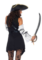 4PC.Black Sea Buccaneer,dress,sleeves w/wrap,belt,hat LARGE BLACK/GOLD