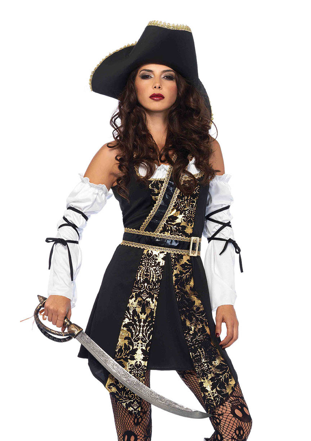 4PC.Black Sea Buccaneer,dress,sleeves w/wrap,belt,hat LARGE BLACK/GOLD