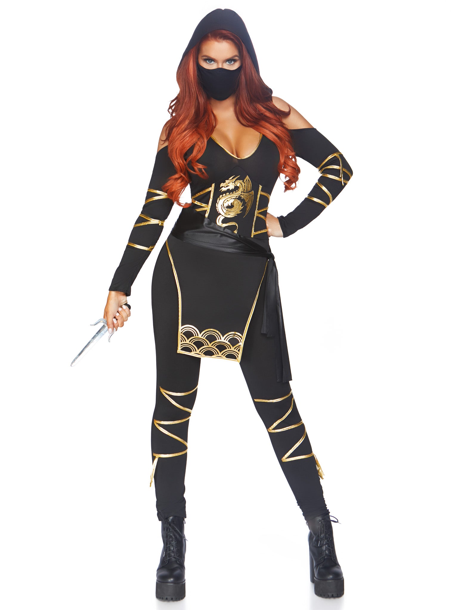 3PC.Stealth Ninja,hooded catsuit,waist sash,and face mask SMALL BLACK/GOLD
