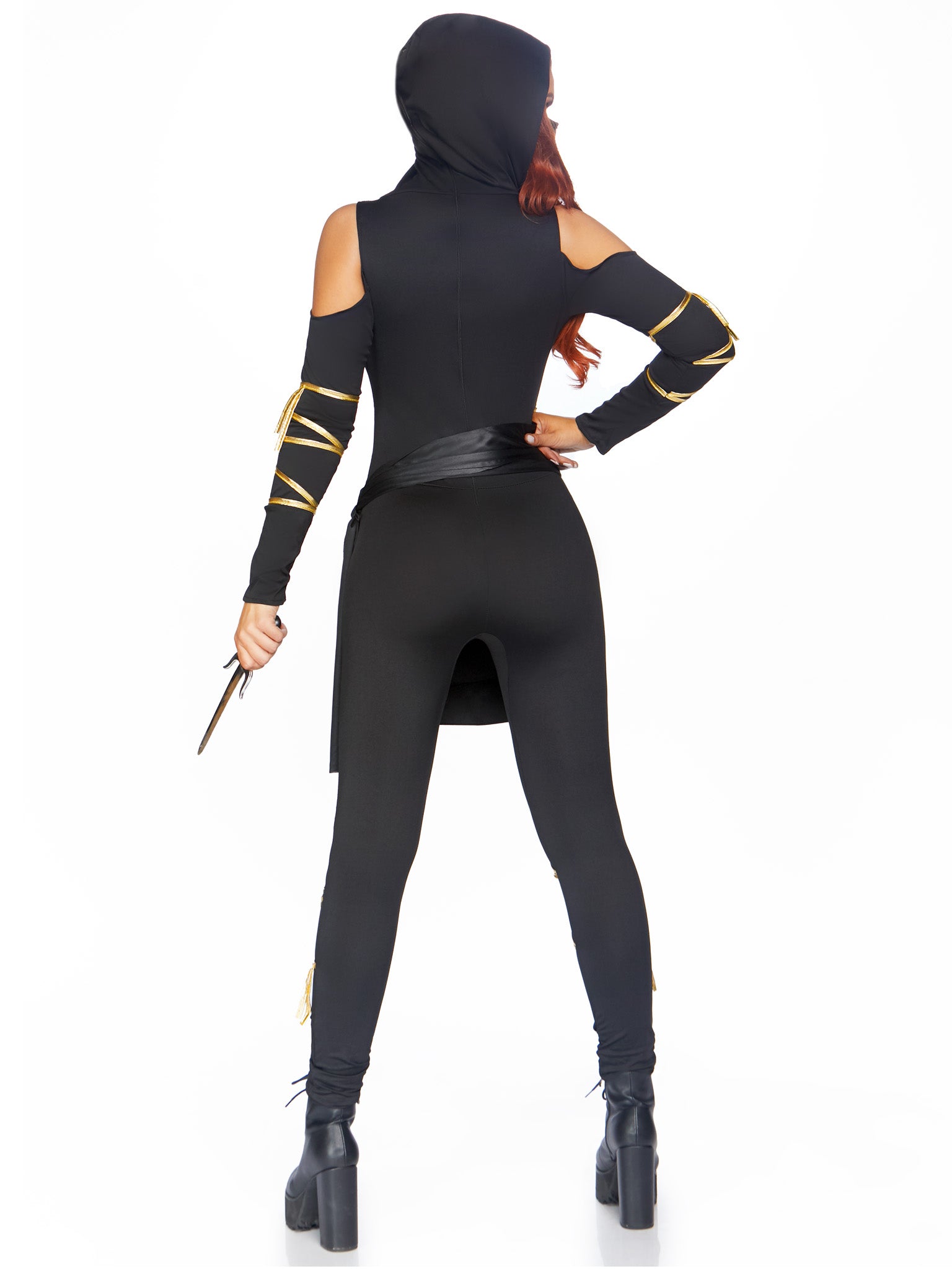 3PC.Stealth Ninja,hooded catsuit,waist sash,and face mask MEDIUM BLACK/GOLD