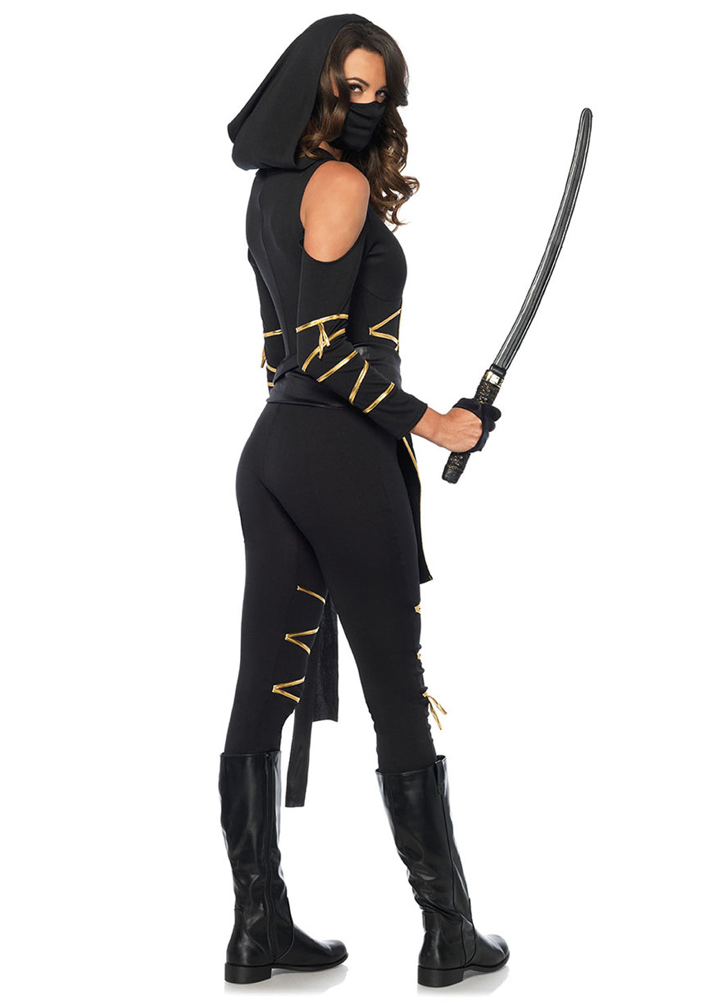 3PC.Stealth Ninja,hooded catsuit,waist sash,and face mask MEDIUM BLACK/GOLD
