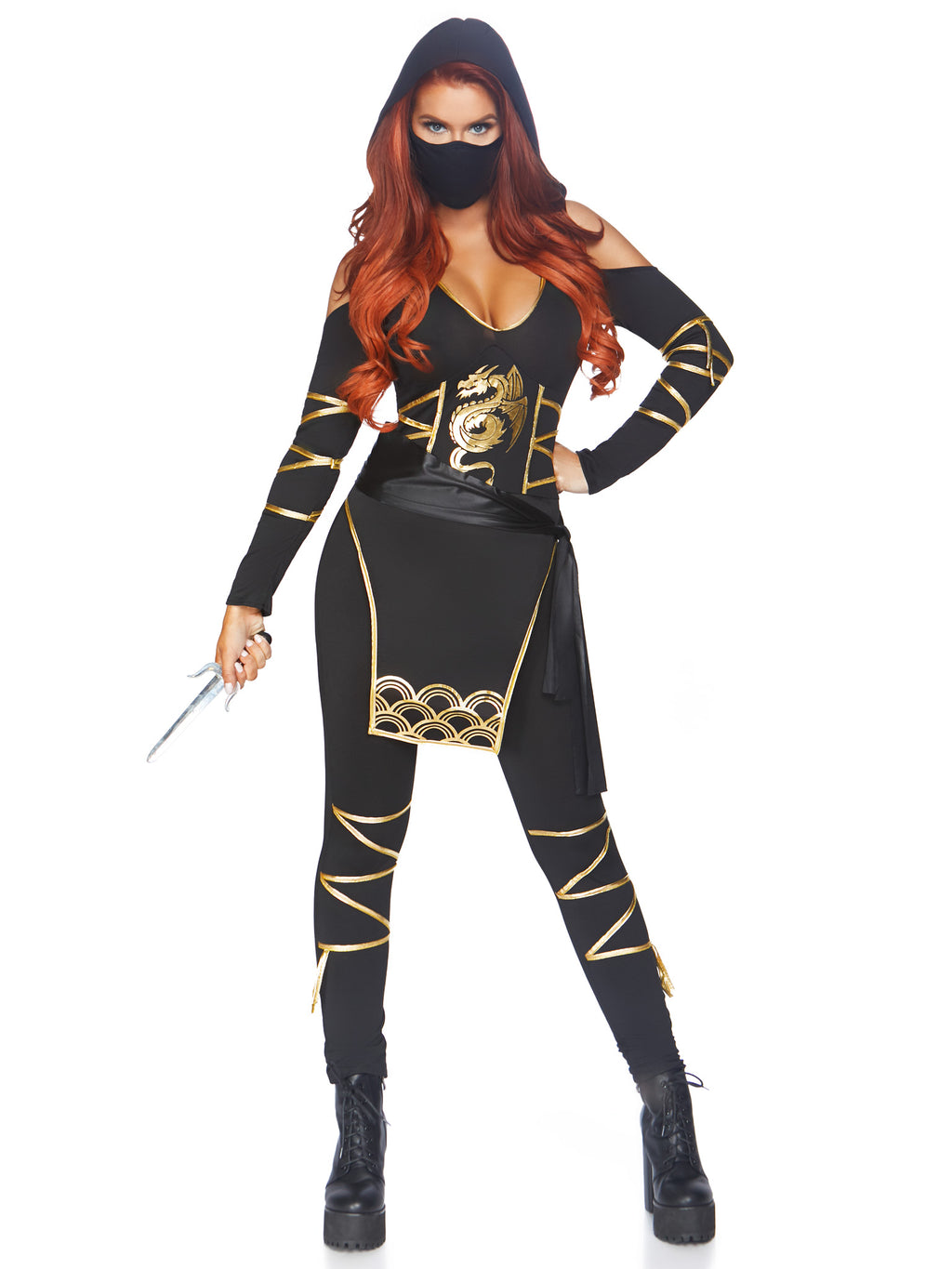 3PC.Stealth Ninja,hooded catsuit,waist sash,and face mask MEDIUM BLACK/GOLD