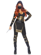 3PC.Stealth Ninja,hooded catsuit,waist sash,and face mask LARGE BLACK/GOLD