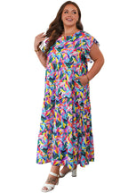 Blue Geometric Print Ruffled Short Sleeve Plus Size Tiered Maxi Dress