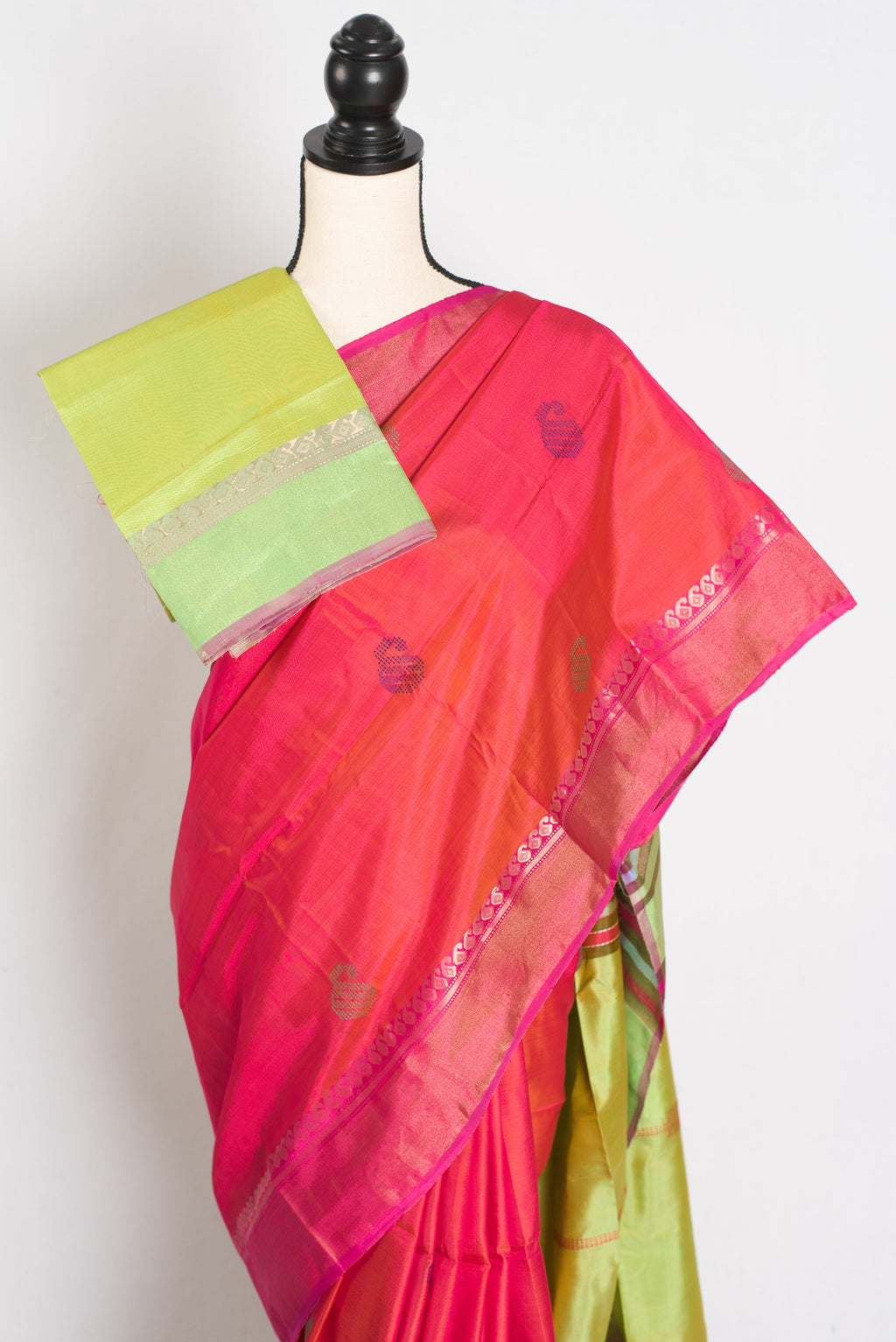 Malini : Bishnupur Katan Silk Saree in Peach Orange and Green