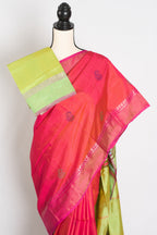 Malini : Bishnupur Katan Silk Saree in Peach Orange and Green