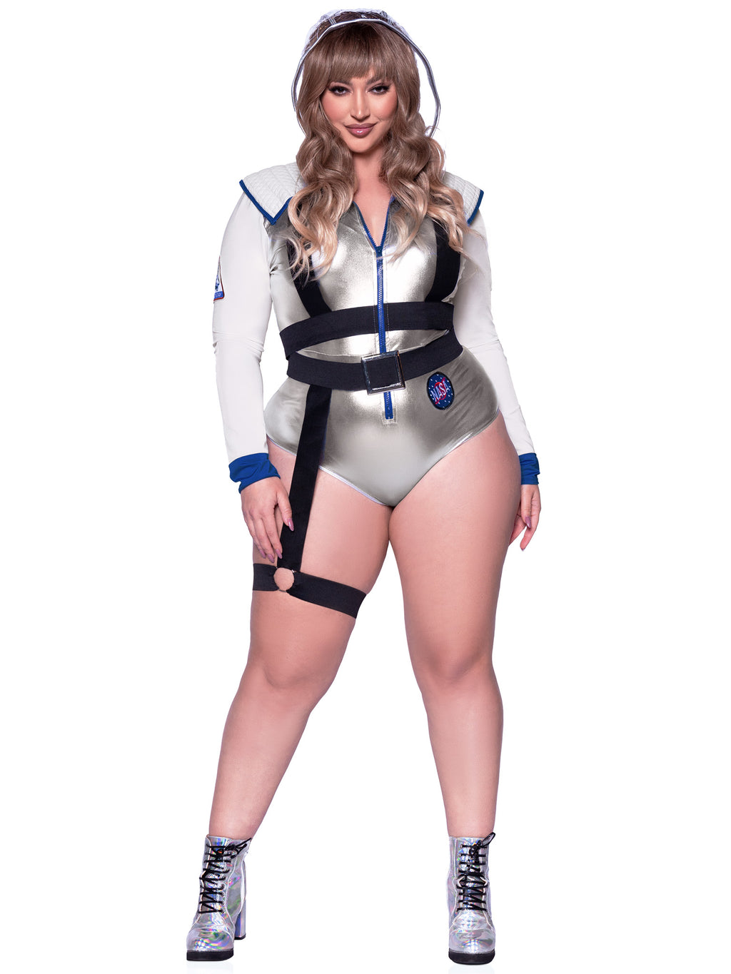 3 PC Galaxy Girl, includes lame zipper front bodysuit with patch accents, belt with attached leg garter, and detachable clear ho