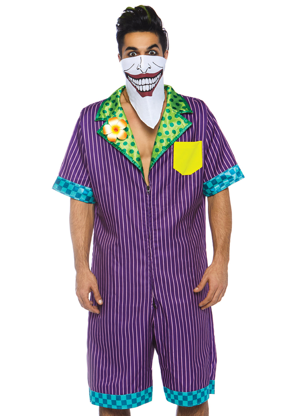 2 PC Super Villain, includes character jumpsuit with pockets, double sided zipper, and face mask bandana.