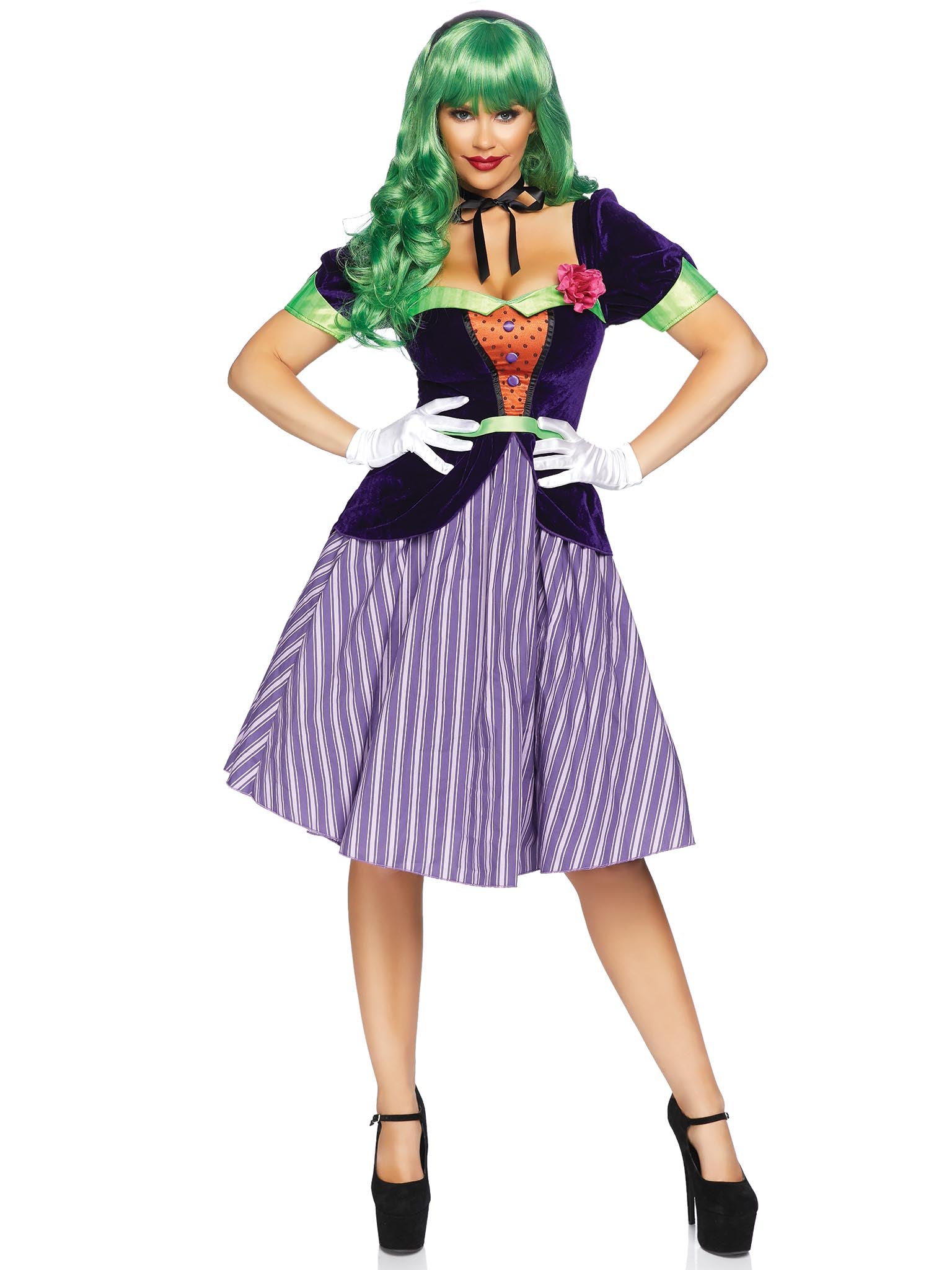 2 PC Comic Book Baddie, includes velvet coat dress with striped skirt and lapel flower, attached ribbon sash, and ribbon neck ti