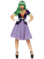 2 PC Comic Book Baddie, includes velvet coat dress with striped skirt and lapel flower, attached ribbon sash, and ribbon neck ti