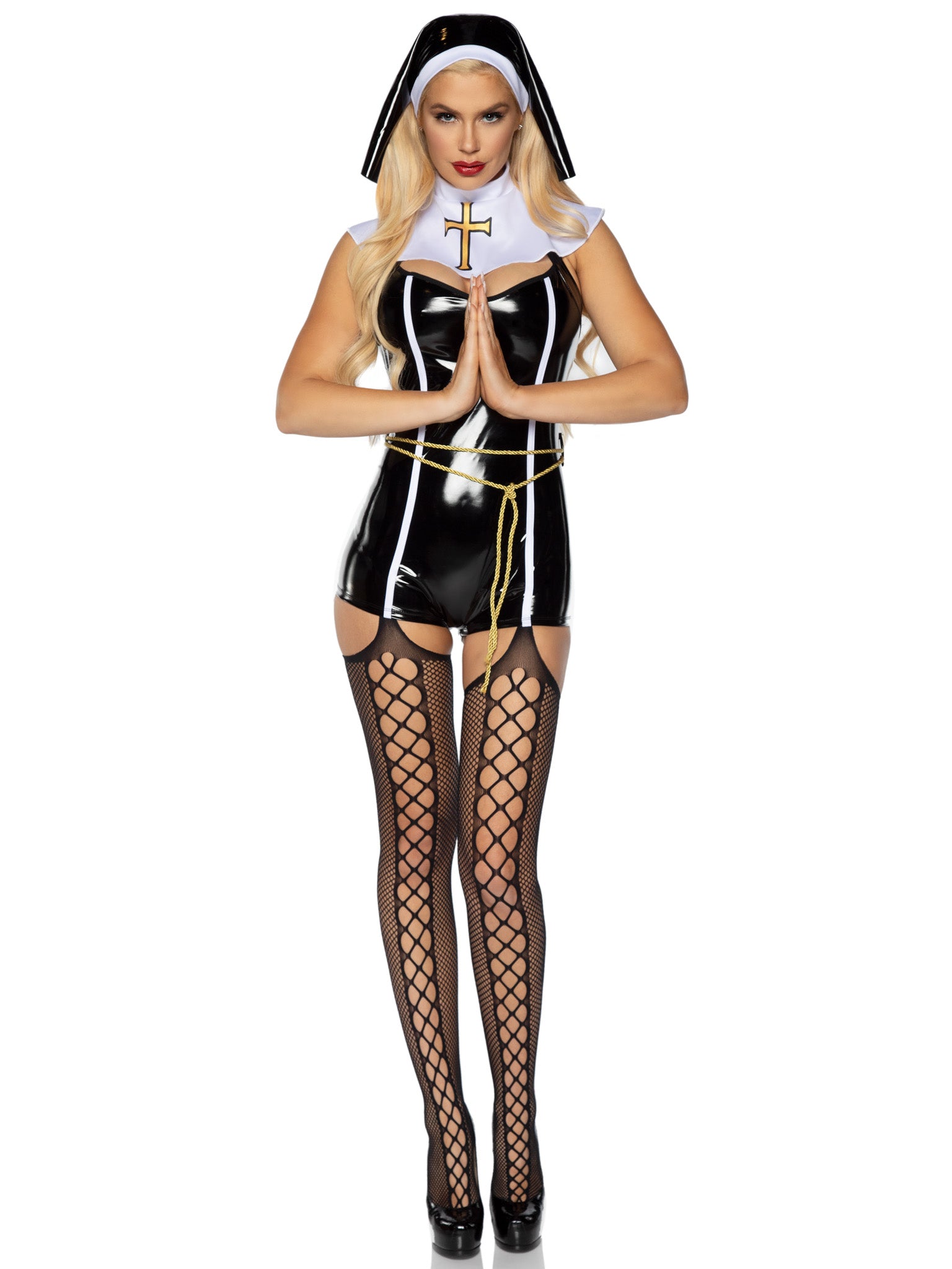 4 PC Sinful Sister, includes vinyl romper, rope belt, collar, and nun habit.