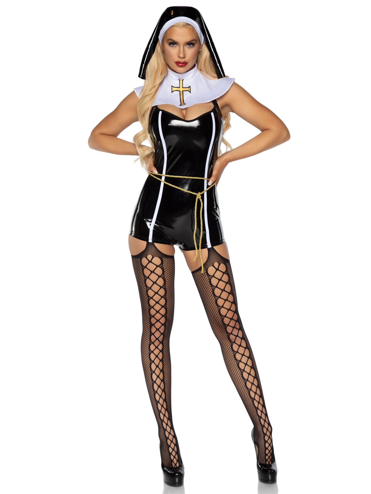 4 PC Sinful Sister, includes vinyl romper, rope belt, collar, and nun habit.