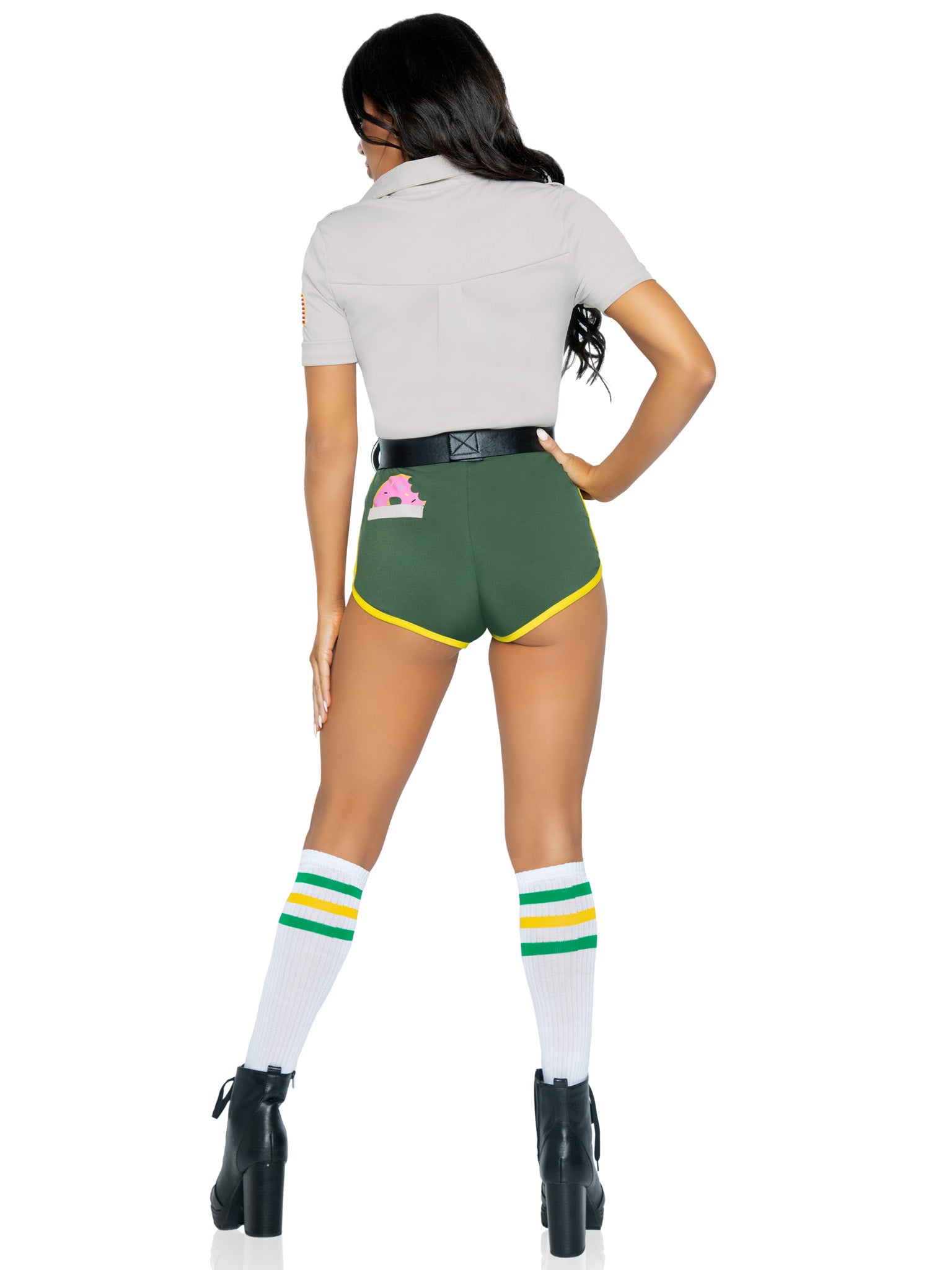 4 PC Hot Cop, includes top with badge accents, dolphin shorts with donut pocket detail, belt, and toy handcuffs.