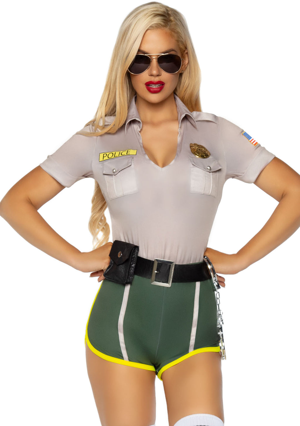 4 PC Hot Cop, includes top with badge accents, dolphin shorts with donut pocket detail, belt, and toy handcuffs.