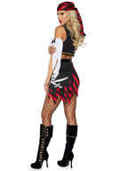 4 PC Wicked Pirate Wench, includes peasant top with chain accent, tattered split sleeves, head scarf, and high waist shorts with