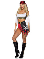4 PC Wicked Pirate Wench, includes peasant top with chain accent, tattered split sleeves, head scarf, and high waist shorts with