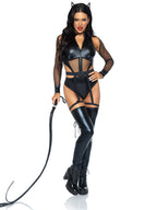 3 PC Criminal Kitty, includes cut-out zip up bodysuit with snap crotch, belt with attached garters, and cat ear headband.