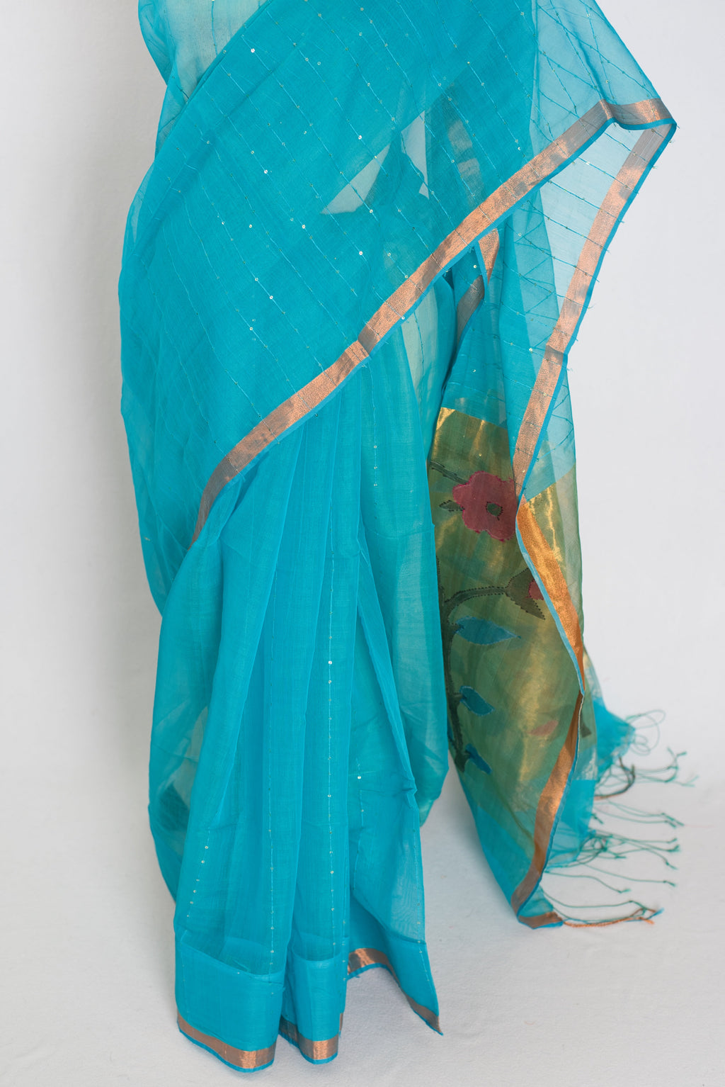 Shukti: Turquoise Blue & Gold Muslin Cotton Jamdani Saree | Sequin Weaving