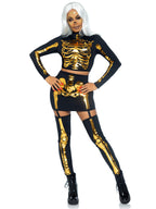 2 PC Golden Skeleton, includes long sleeved crop top and garter skirt with laser cut skeleton applique.
