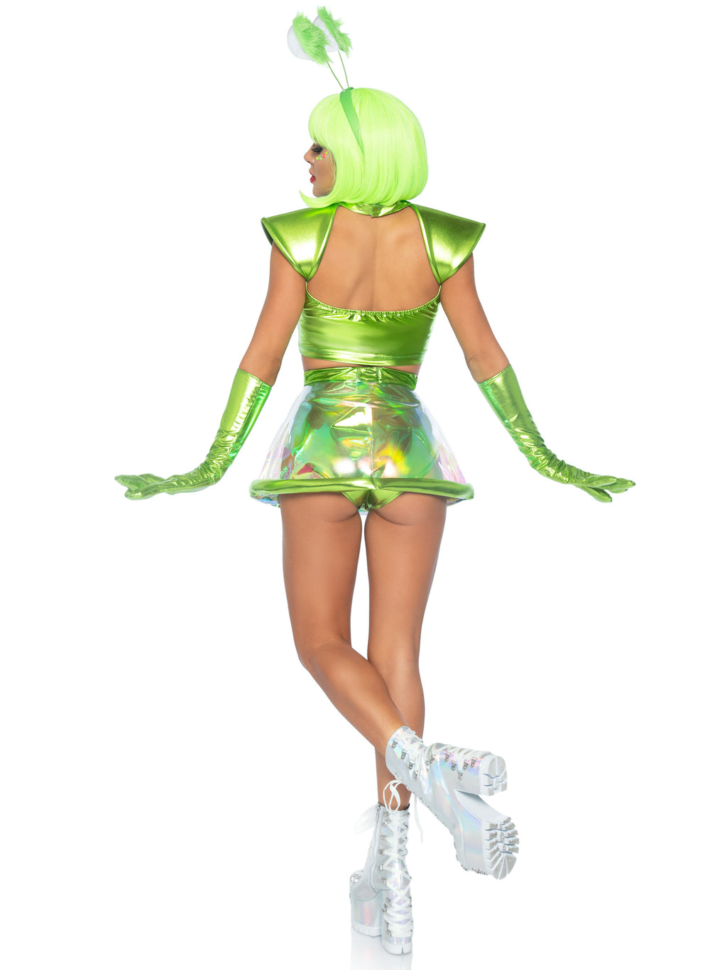5 PC Beam Me Up Babe, includes metallic lame crop top, iridescent clear skirt, high waist panty, alien gloves, and googly-eye he