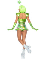 5 PC Beam Me Up Babe, includes metallic lame crop top, iridescent clear skirt, high waist panty, alien gloves, and googly-eye he