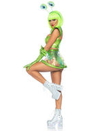 5 PC Beam Me Up Babe, includes metallic lame crop top, iridescent clear skirt, high waist panty, alien gloves, and googly-eye he
