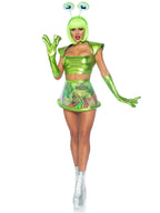 5 PC Beam Me Up Babe, includes metallic lame crop top, iridescent clear skirt, high waist panty, alien gloves, and googly-eye he