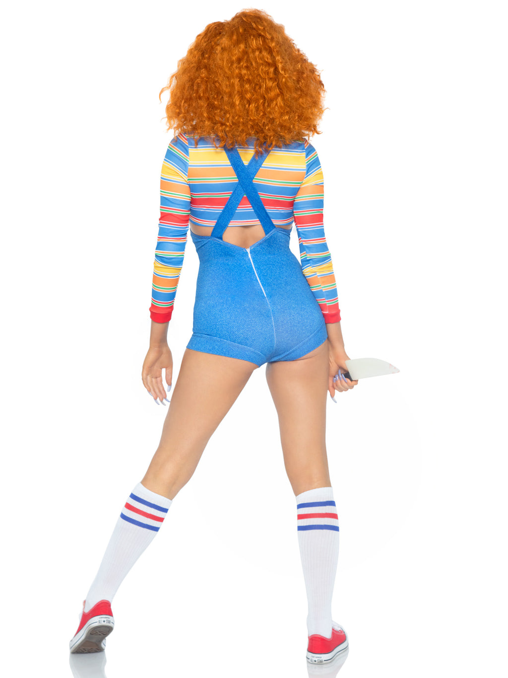 2 PC Demon Doll, includes striped crop top and denim-look romper overalls.