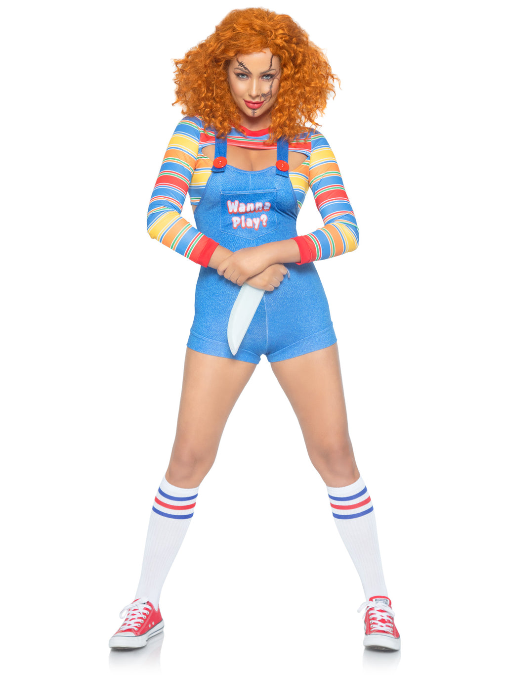 2 PC Demon Doll, includes striped crop top and denim-look romper overalls.