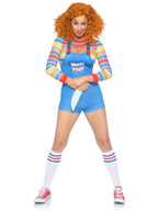 2 PC Demon Doll, includes striped crop top and denim-look romper overalls.