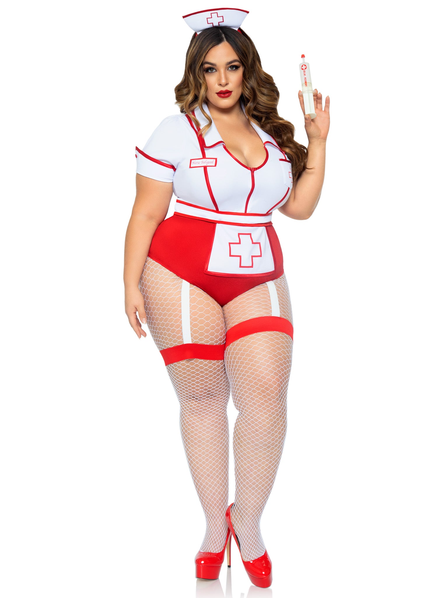 2 PC Nurse Feelgood, includes snap crotch garter bodysuit with attached apron and hat headband.