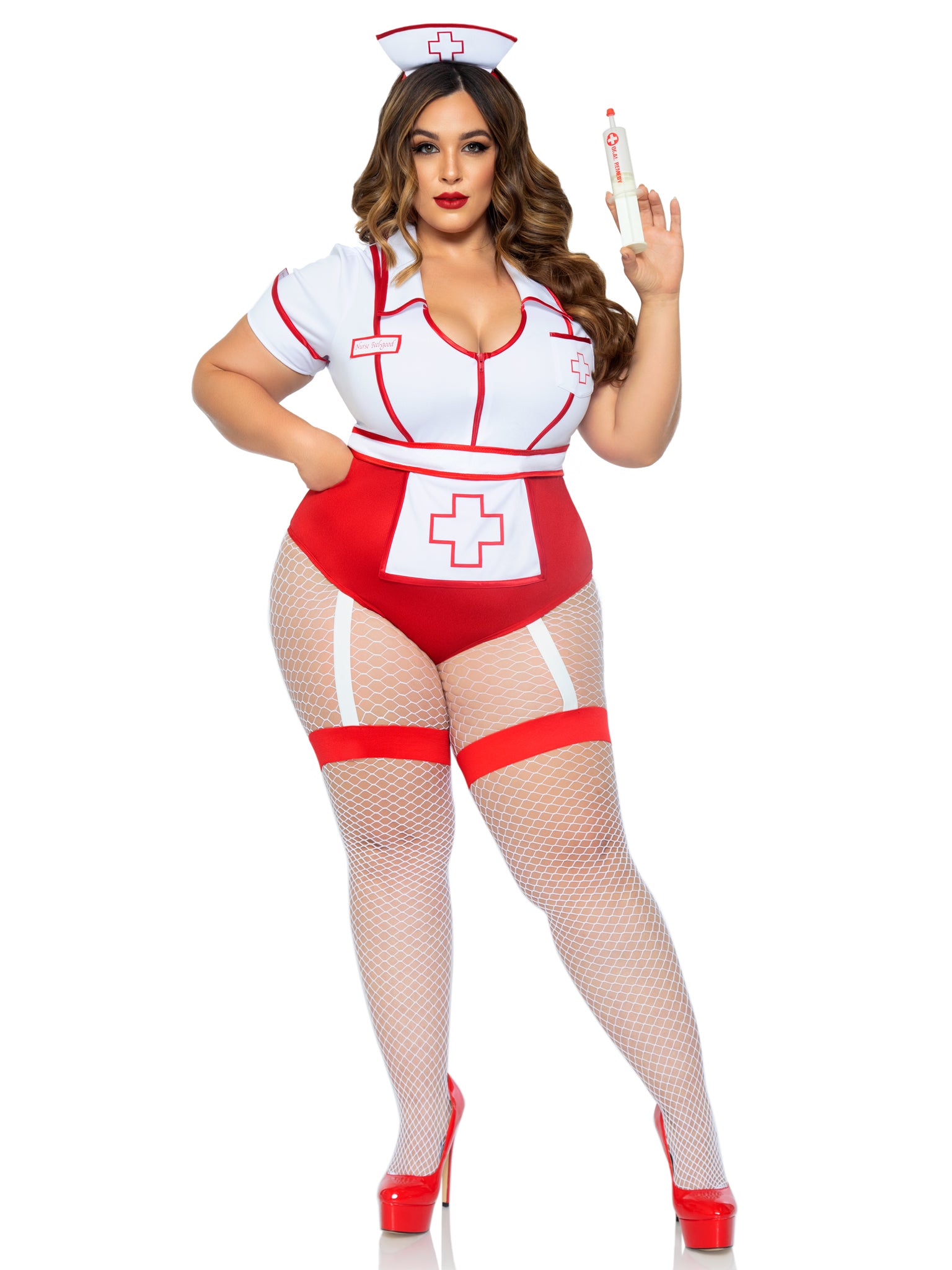 2 PC Nurse Feelgood, includes snap crotch garter bodysuit with attached apron and hat headband.
