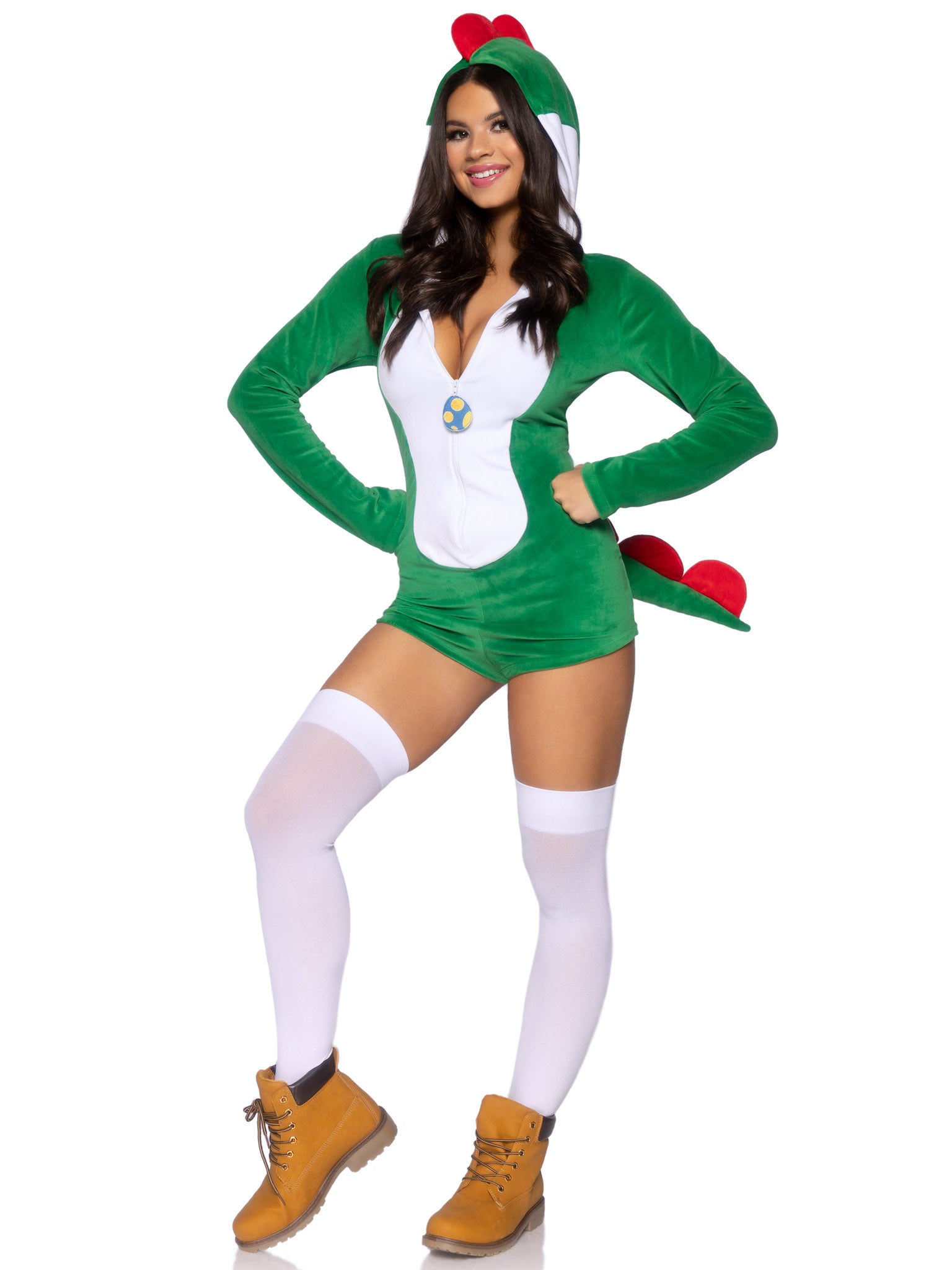 Comfy Super Dino, features ultra-soft velvet plush zip up romper with egg zipper pull, scalloped spine, and cheeky paneled booty