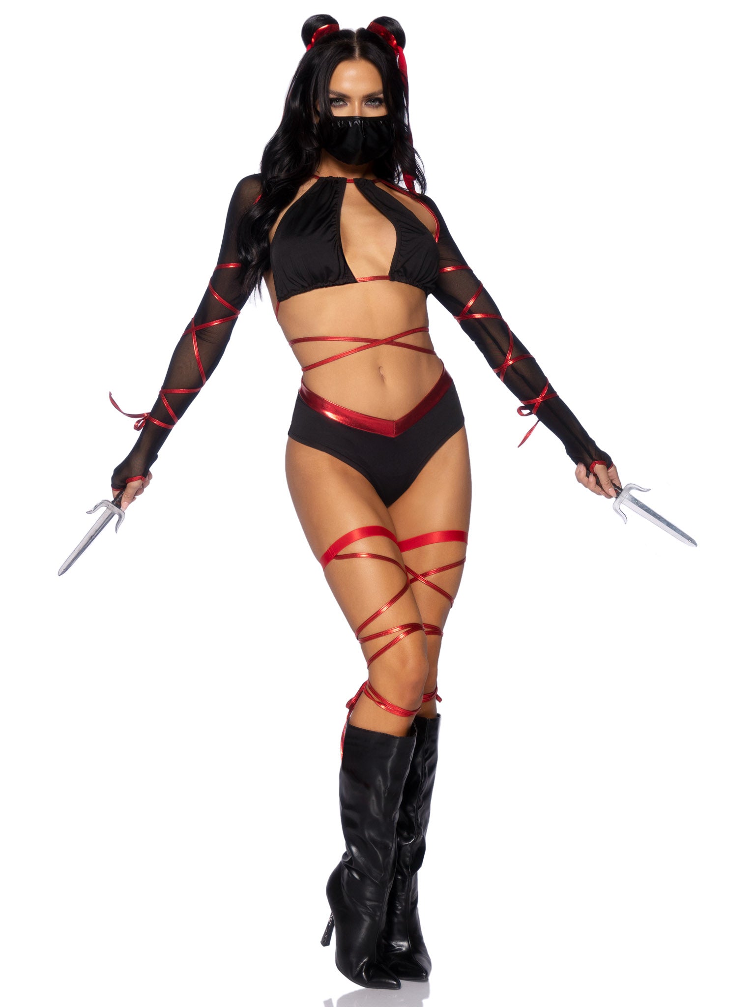5 PC Lethal Ninja, includes strappy wrap-around bra top with attached mesh gloved shrug, V-cut bottoms, leg wraps, face mask, an