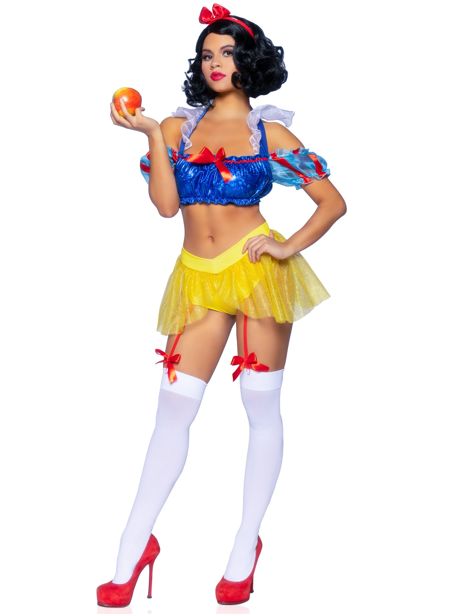 3 PC Bad Apple Snow White, includes shimmer halter bandeau with organza puff sleeves and ruffle collar, garter panty with shimme