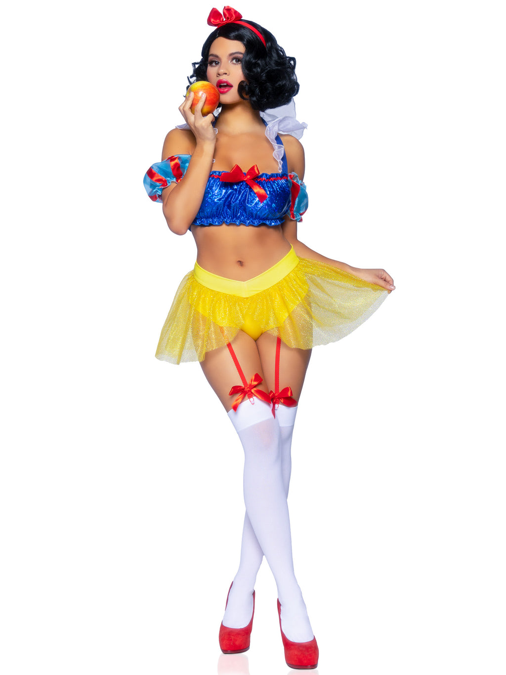 3 PC Bad Apple Snow White, includes shimmer halter bandeau with organza puff sleeves and ruffle collar, garter panty with shimme