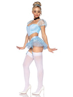 4 PC Glass Slipper Cinderella, includes boned sweetheart crop top with organza sleeves, garter panty with shimmer sheer skirt, r