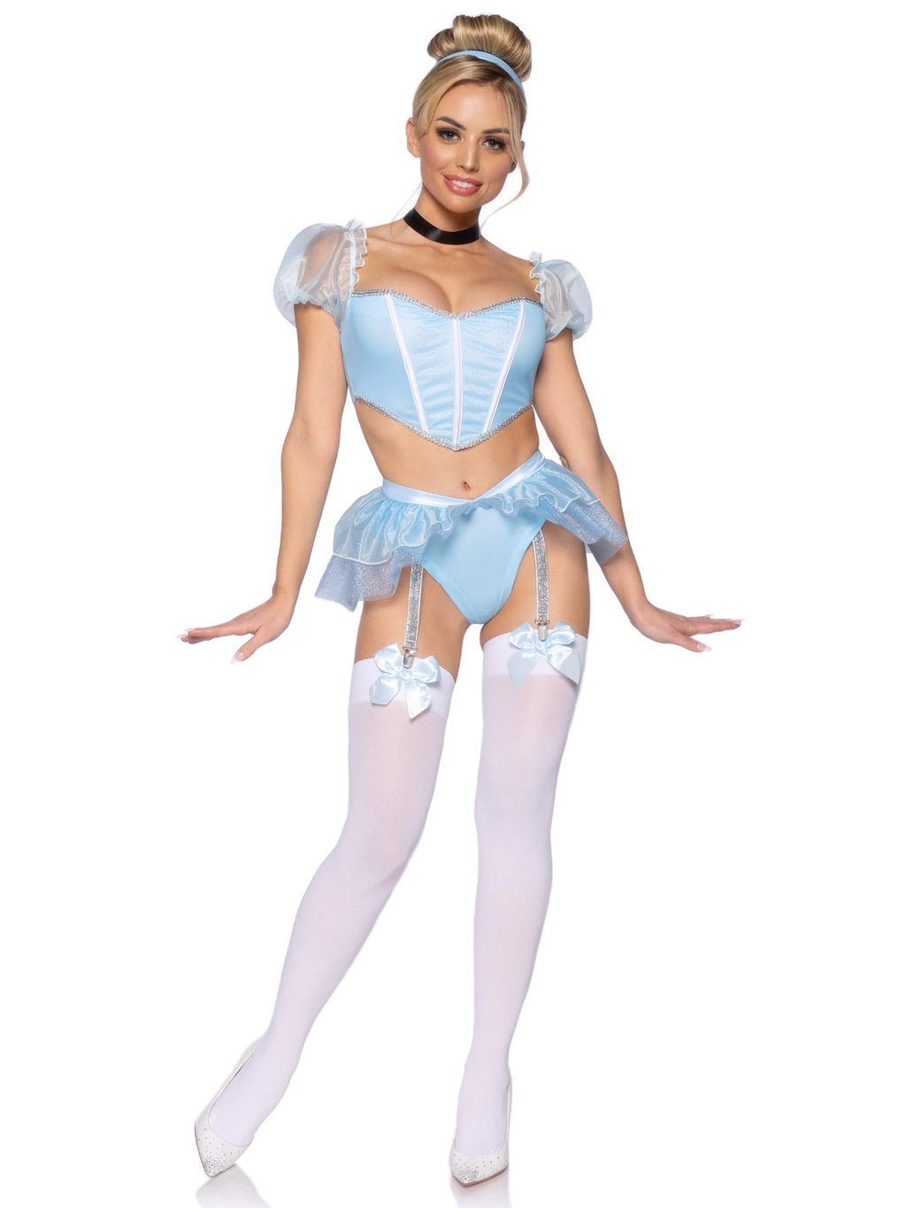 4 PC Glass Slipper Cinderella, includes boned sweetheart crop top with organza sleeves, garter panty with shimmer sheer skirt, r