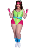 4 PC 80s Workout Hottie, includes zip-up romper, belt, wrist bands, and headband.