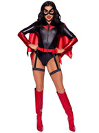 4 PC Vigilante Vixen, includes zip-up bodysuit, detachable cape, belt with attached garter, and eye mask.