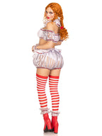 6 PC Deadly Darling Clown, includes lace bandeau top with puff sleeves and pom pom accents, bloomer bottoms with built in panty,