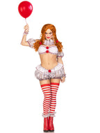 6 PC Deadly Darling Clown, includes lace bandeau top with puff sleeves and pom pom accents, bloomer bottoms with built in panty,