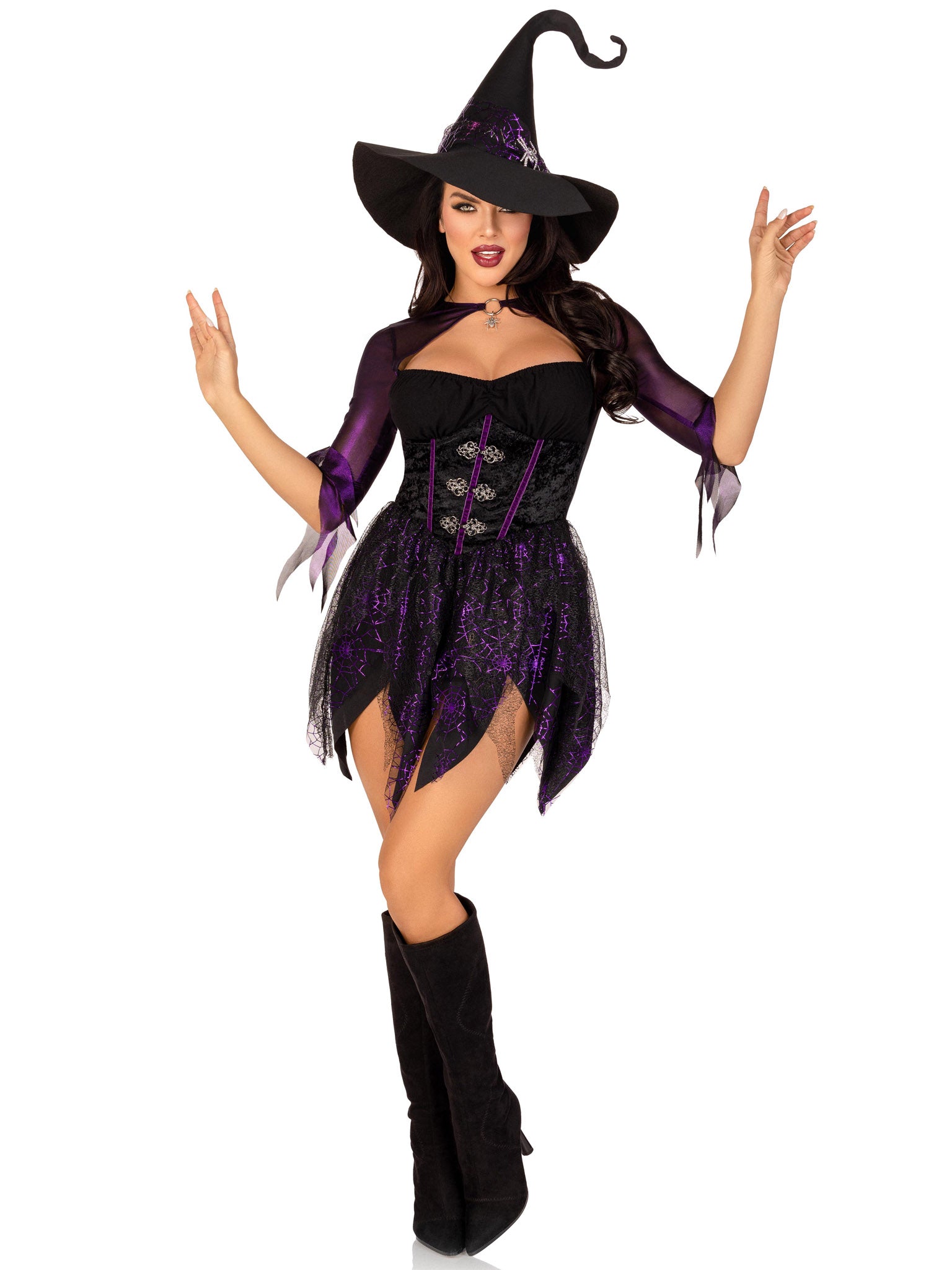 2 PC Mystical Witch, includes dress with spiderweb tattered skirt, velvet waist metal clasp accents, and tattered witch hat with