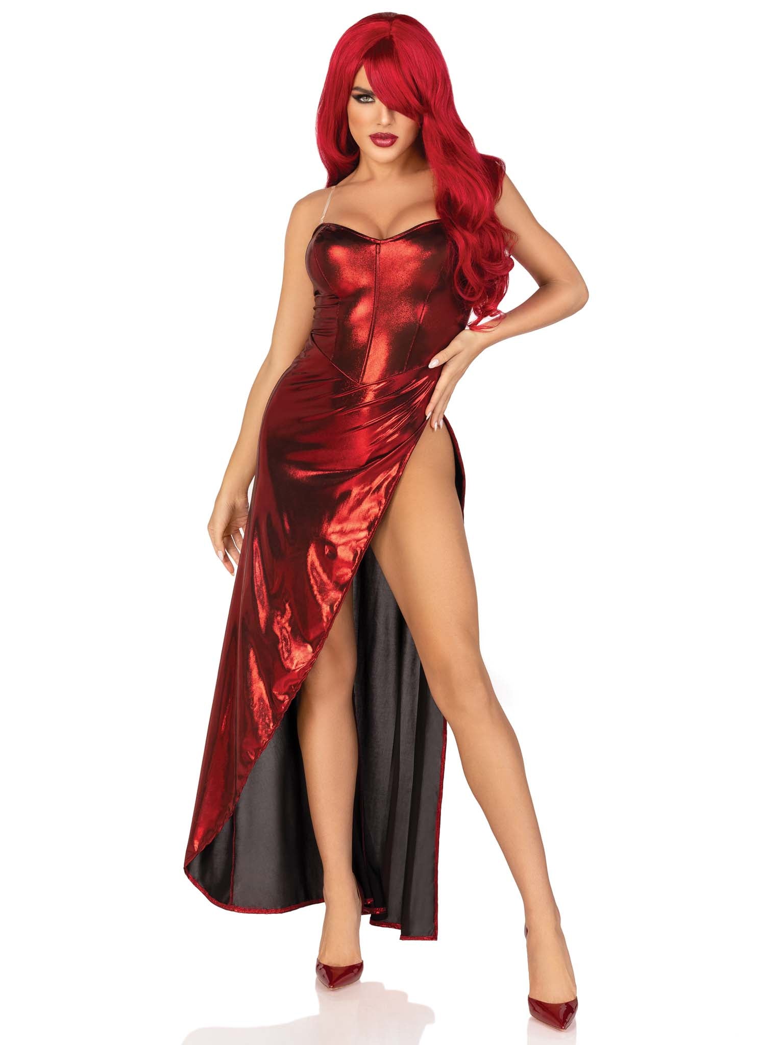 2 PC Shimmer bodysuit with high slit skirt and detachable clear straps.